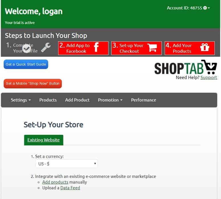 A screenshot of the ShopTab app's page to launch your shop.